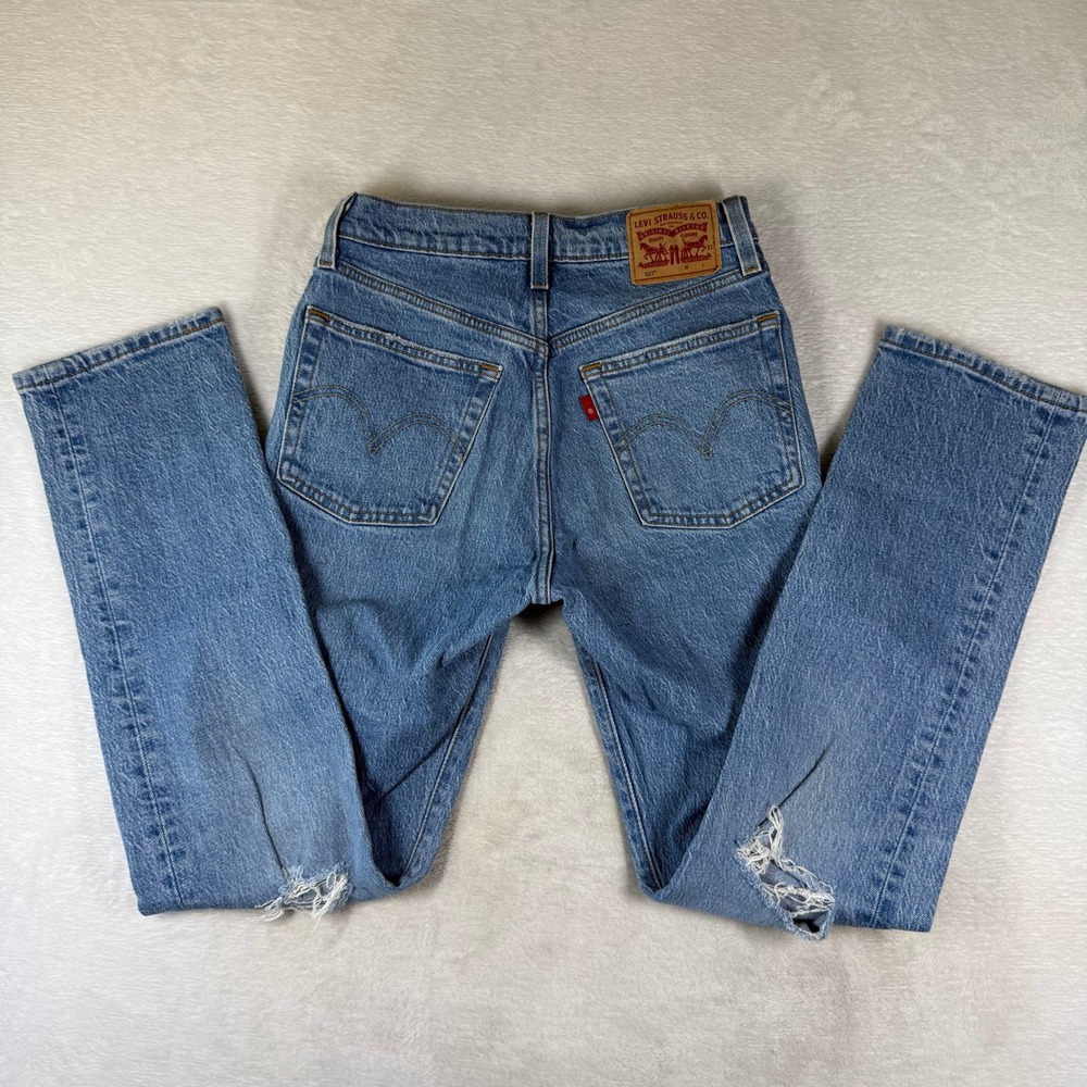 Levis 501 Original Fit Jeans Light Wash Distress High Rise Straight Leg Denim 25